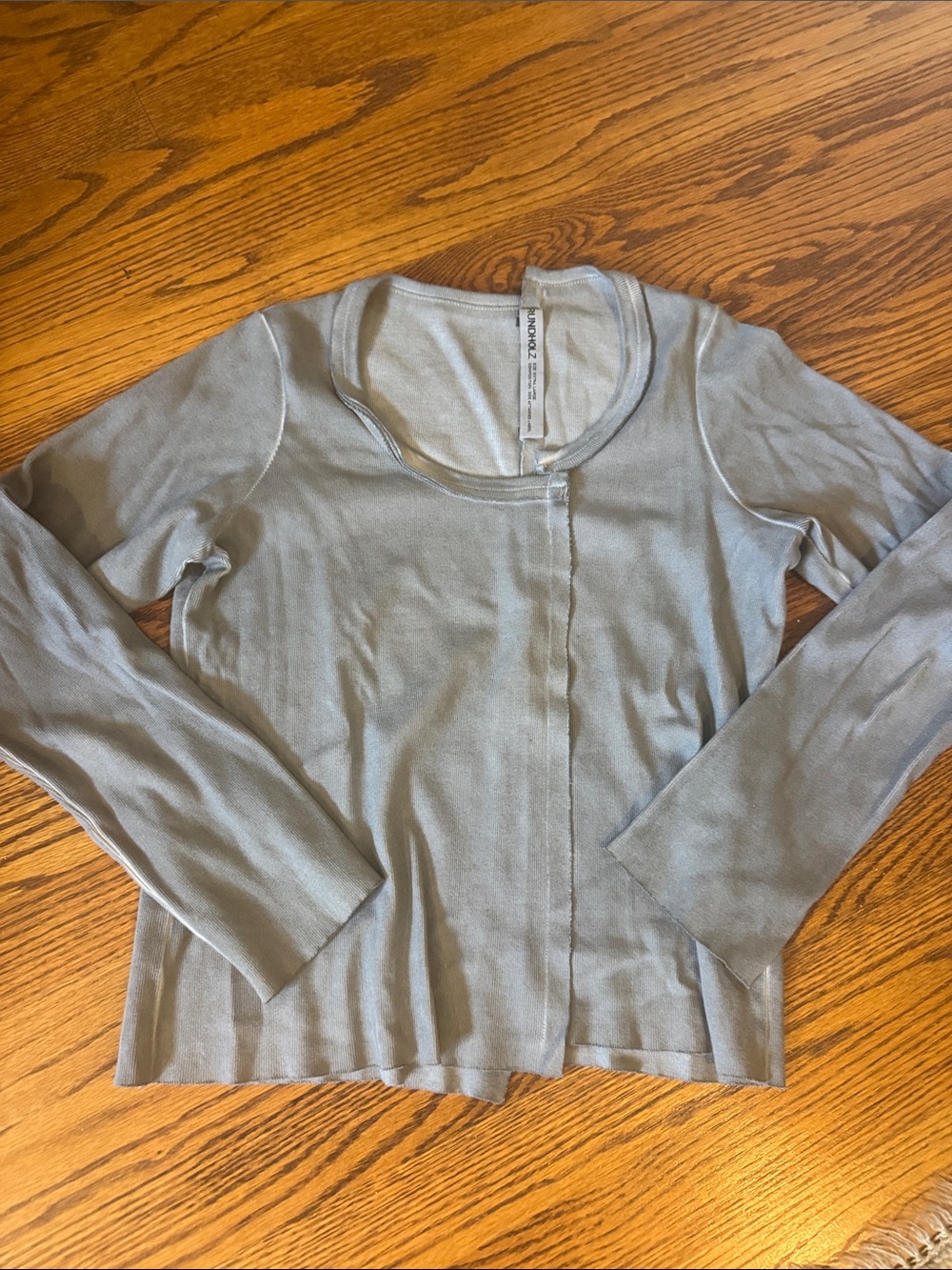 Vintage Rundholz Light Gray Asymmetrical Scoop Neckline Raw Edge Long Sleeve Top